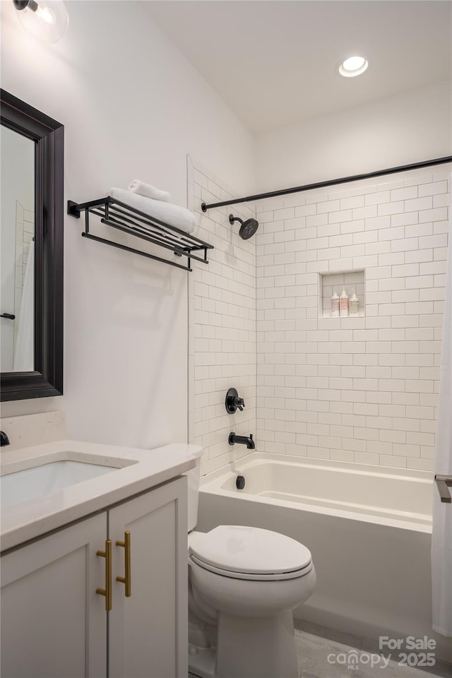 2011 Hamorton Pl, Charlotte, NC 28205 - bathroom featuring vanity,  shower combination, toilet, and recessed lighting
