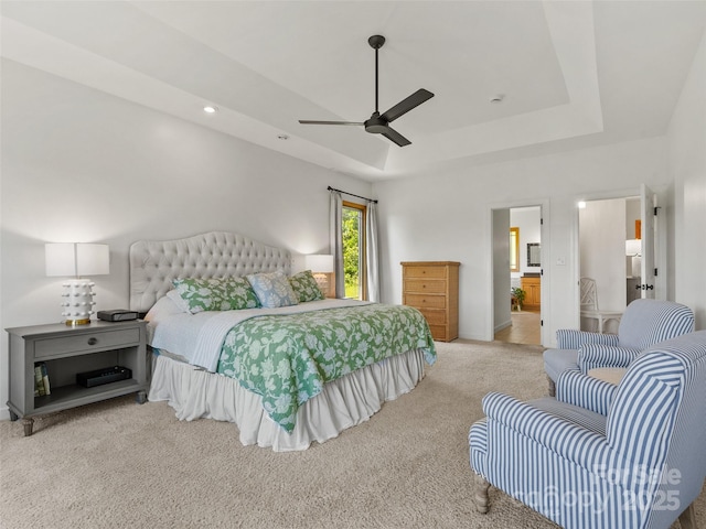 15 Carl Roberts Rd, Alexander, NC 28701 - bedroom with a raised ceiling, light carpet, ceiling fan, connected bathroom, and recessed lighting