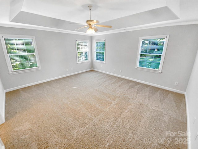 8803 Sweetwater Pl, Waxhaw, NC 28173 - empty room featuring a tray ceiling, baseboards, ceiling fan, carpet, and ornamental molding