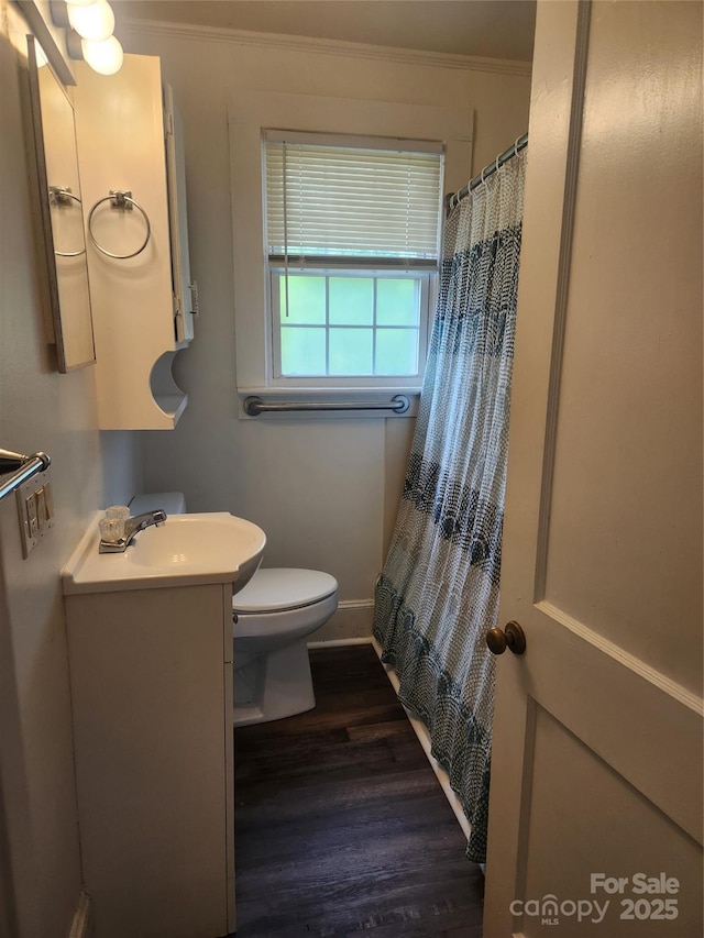 76 Sumner Ave NW, Concord, NC 28027 - bathroom with vanity, toilet, wood finished floors, ornamental molding, and a shower with shower curtain