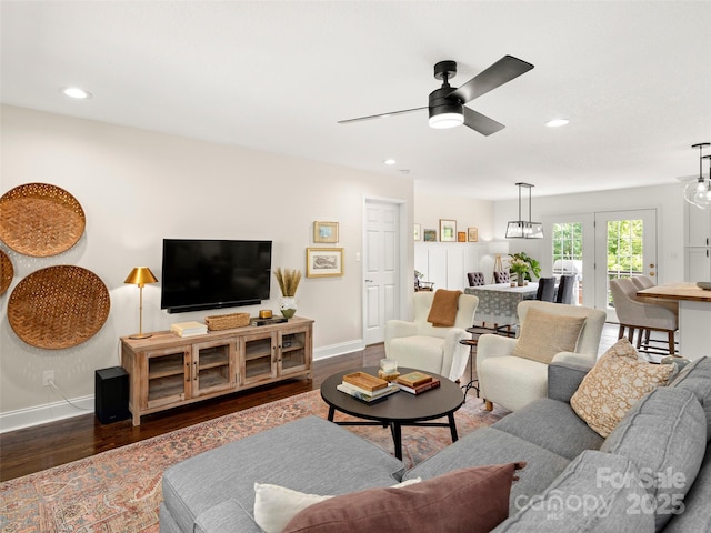 8 Rose Briar Cir, Weaverville, NC 28787 - living room featuring dark wood-style flooring, baseboards, a ceiling fan, and recessed lighting