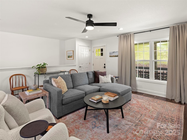 8 Rose Briar Cir, Weaverville, NC 28787 - living area featuring a ceiling fan, wood finished floors, recessed lighting, and baseboards