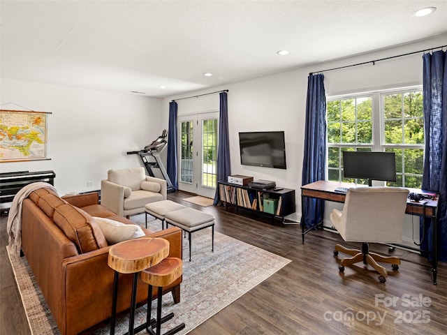 8 Rose Briar Cir, Weaverville, NC 28787 - living area featuring a desk, dark wood finished floors, recessed lighting, and french doors