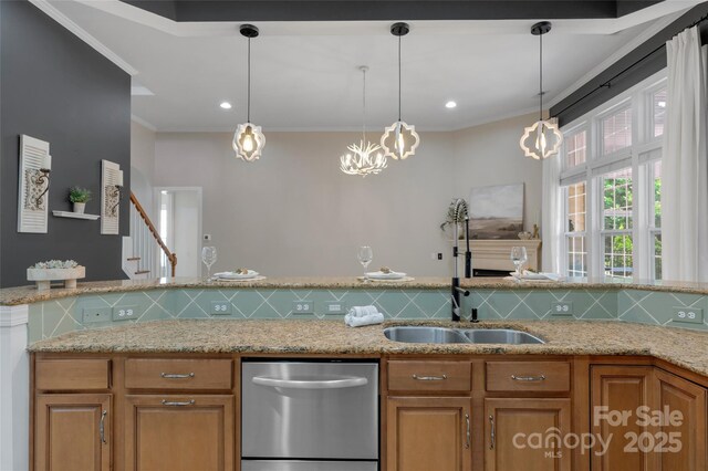 8725 Soaring Eagle Ln, Waxhaw, NC 28173 - kitchen with stainless steel dishwasher, tasteful backsplash, crown molding, brown cabinetry, and light stone countertops