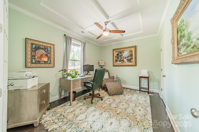 1812 Sutter Creek Dr, Waxhaw, NC 28173 - home office featuring dark wood-type flooring, ceiling fan, crown molding, baseboards, and coffered ceiling
