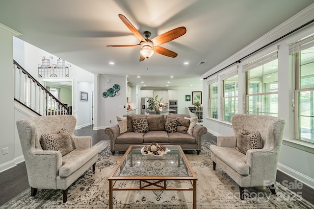 1812 Sutter Creek Dr, Waxhaw, NC 28173 - living room with wood finished floors, baseboards, a ceiling fan, stairway, and recessed lighting