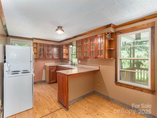 292 Cook Rd, Canton, NC 28716 - kitchen featuring open shelves, white appliances, brown cabinetry, a peninsula, and a sink