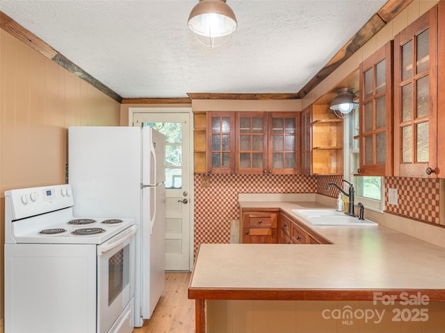 292 Cook Rd, Canton, NC 28716 - kitchen featuring white appliances, a sink, a textured ceiling, light countertops, and light wood-type flooring