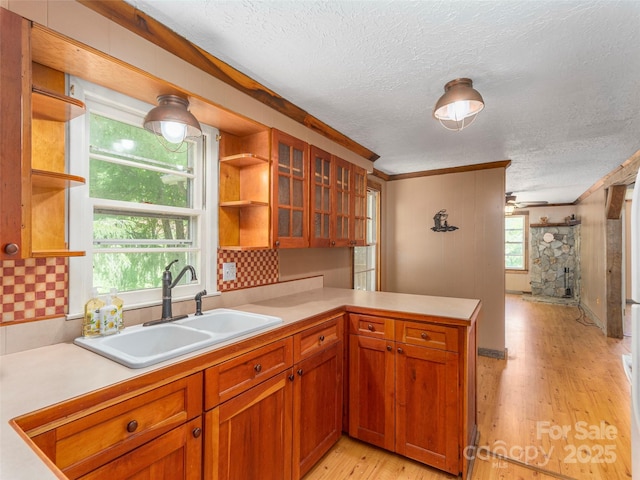 292 Cook Rd, Canton, NC 28716 - kitchen featuring open shelves, a sink, light wood finished floors, a textured ceiling, and light countertops