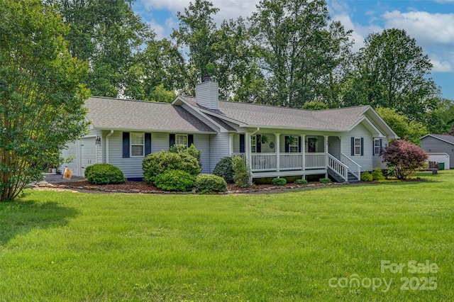 98 Driftwood Ln Unit 7, Mills River, NC 28759 - ranch-style house with covered porch, a chimney, roof with shingles, a front yard, and an attached garage