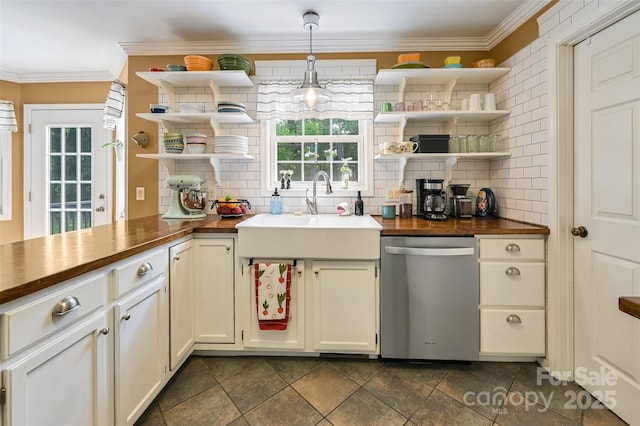 98 Driftwood Ln Unit 7, Mills River, NC 28759 - kitchen featuring open shelves, wooden counters, dishwasher, tasteful backsplash, and crown molding