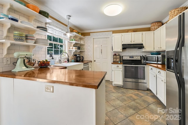 98 Driftwood Ln Unit 7, Mills River, NC 28759 - kitchen with stainless steel appliances, open shelves, tasteful backsplash, ornamental molding, and a peninsula