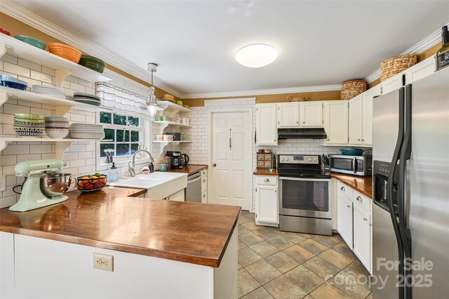 98 Driftwood Ln Unit 7, Mills River, NC 28759 - kitchen with open shelves, appliances with stainless steel finishes, under cabinet range hood, decorative backsplash, and a peninsula