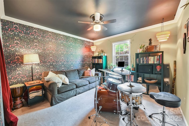 98 Driftwood Ln Unit 7, Mills River, NC 28759 - living area with carpet floors, a ceiling fan, and crown molding