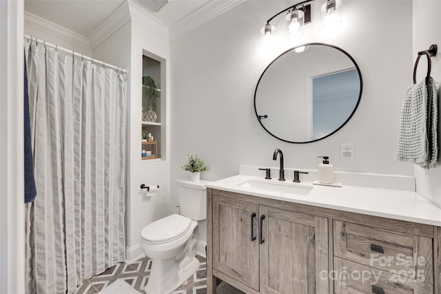 203 Lincoln St, Belmont, NC 28012 - bathroom with vanity, toilet, crown molding, and a shower with shower curtain
