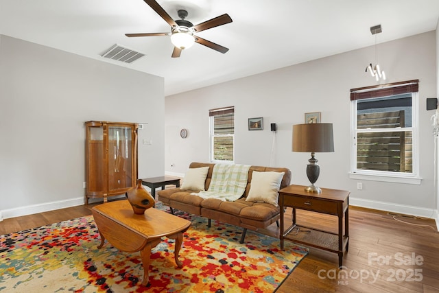 28 Richie St, Asheville, NC 28801 - living room with ceiling fan, wood-type flooring, and baseboards