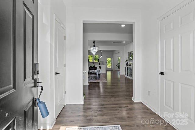 3127 Pinehills Way, Mount Holly, NC 28120 - entrance foyer featuring baseboards, dark wood-type flooring, and recessed lighting