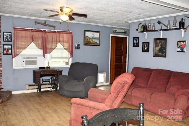 75 Unity Dr, Waynesville, NC 28786 - living room featuring ornamental molding, a ceiling fan, wood finished floors, and a textured ceiling