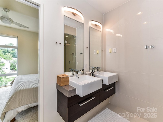 314 Viburnum Way Ct, Charlotte, NC 28208 - bathroom with ensuite bath, double vanity, a ceiling fan, and a shower