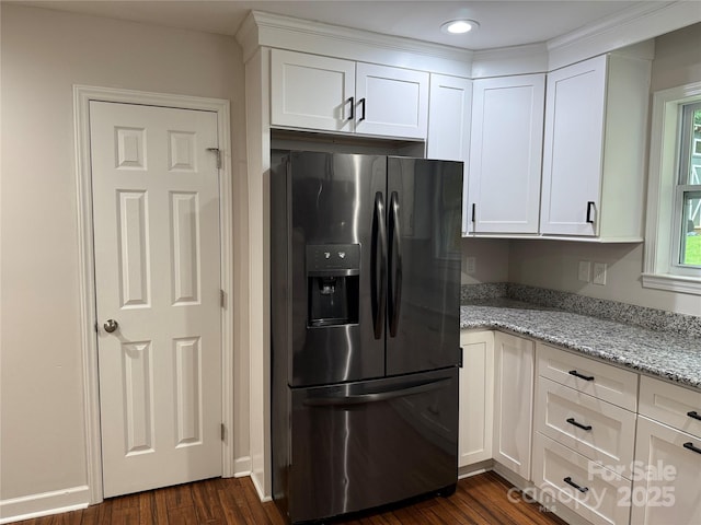 2015 Downey St, Rock Hill, SC 29732 - kitchen with refrigerator with ice dispenser, white cabinets, dark wood-type flooring, light stone counters, and recessed lighting
