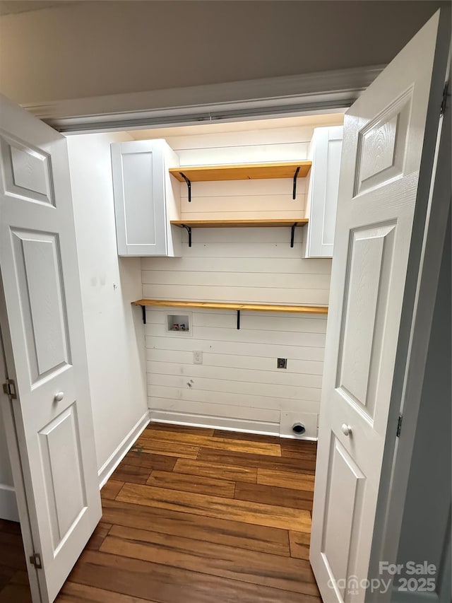 2015 Downey St, Rock Hill, SC 29732 - washroom featuring hookup for an electric dryer, washer hookup, cabinet space, dark wood-style floors, and baseboards