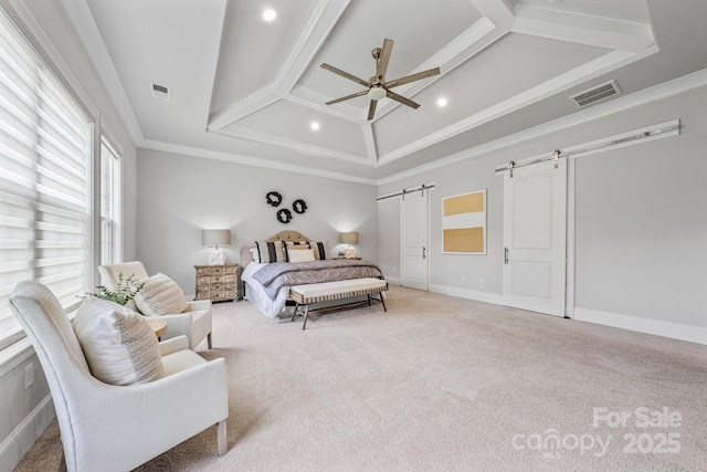 1702 Batson Creek Ln, Weddington, NC 28104 - bedroom featuring a barn door, light colored carpet, recessed lighting, a ceiling fan, and ornamental molding