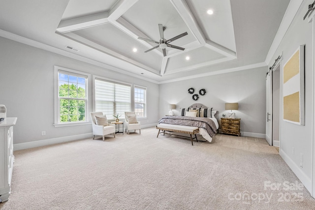 1702 Batson Creek Ln, Weddington, NC 28104 - bedroom with a barn door, carpet floors, recessed lighting, ceiling fan, and ornamental molding