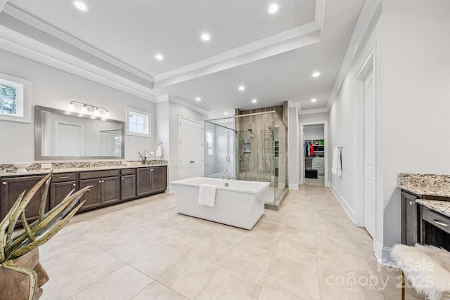 1702 Batson Creek Ln, Weddington, NC 28104 - full bathroom featuring a stall shower, vanity, crown molding, a soaking tub, and recessed lighting