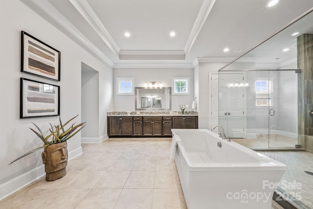 1702 Batson Creek Ln, Weddington, NC 28104 - bathroom featuring a soaking tub, vanity, a stall shower, recessed lighting, and a tray ceiling