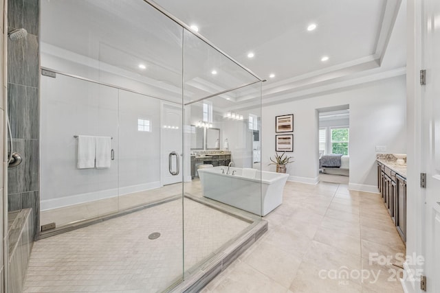 1702 Batson Creek Ln, Weddington, NC 28104 - ensuite bathroom with a stall shower, vanity, a freestanding tub, a tray ceiling, and recessed lighting