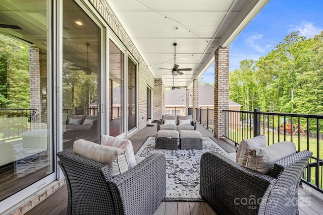 1702 Batson Creek Ln, Weddington, NC 28104 - wooden terrace featuring an outdoor hangout area and ceiling fan
