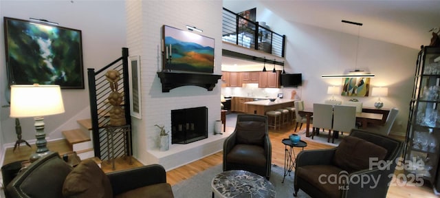 308 Woodfield Dr, Asheville, NC 28803 - living room with light wood-type flooring, high vaulted ceiling, and a fireplace
