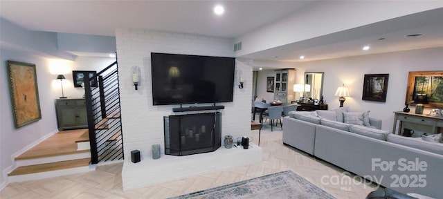 308 Woodfield Dr, Asheville, NC 28803 - living area featuring recessed lighting, stairway, baseboards, and a fireplace