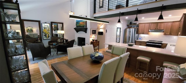 308 Woodfield Dr, Asheville, NC 28803 - dining area featuring high vaulted ceiling, light wood finished floors, and a fireplace