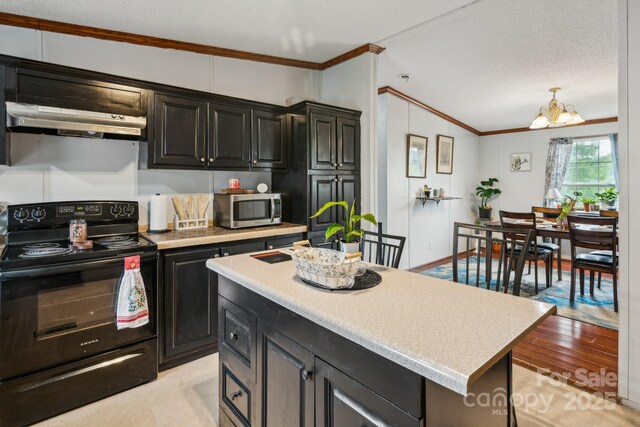 1007 W Cabaniss Rd, Shelby, NC 28150 - kitchen with black / electric stove, under cabinet range hood, stainless steel microwave, ornamental molding, and dark cabinets