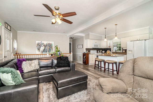 161 Badin Lake Cir, New London, NC 28127 - living area featuring ceiling fan, wood finished floors, and ornamental molding