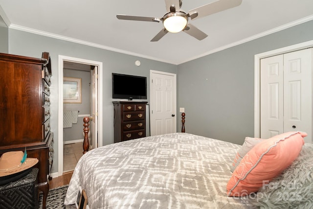 161 Badin Lake Cir, New London, NC 28127 - bedroom with ornamental molding, wood finished floors, baseboards, a ceiling fan, and ensuite bathroom