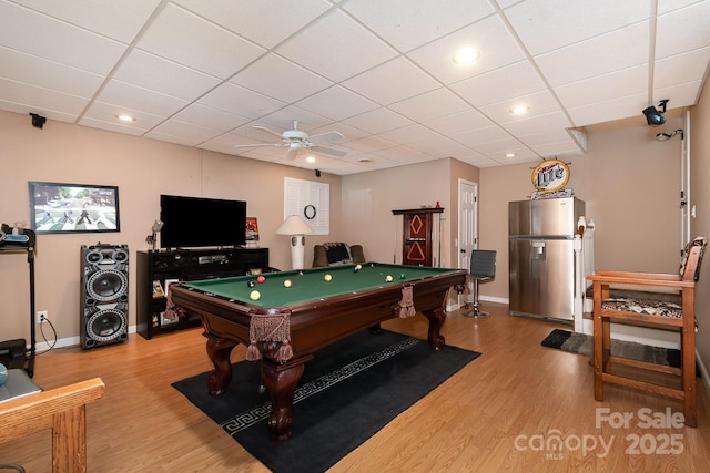 161 Badin Lake Cir, New London, NC 28127 - recreation room featuring billiards, ceiling fan, wood finished floors, a paneled ceiling, and baseboards