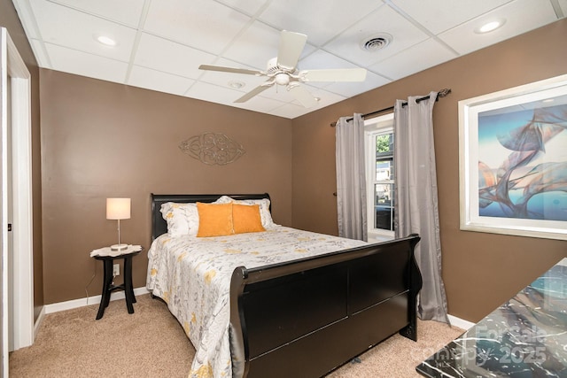 161 Badin Lake Cir, New London, NC 28127 - bedroom featuring baseboards, light colored carpet, ceiling fan, recessed lighting, and a drop ceiling