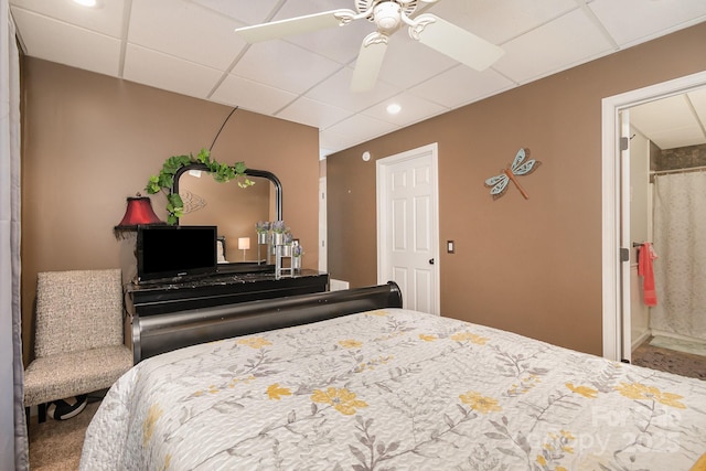 161 Badin Lake Cir, New London, NC 28127 - bedroom featuring a drop ceiling, carpet, recessed lighting, and a ceiling fan