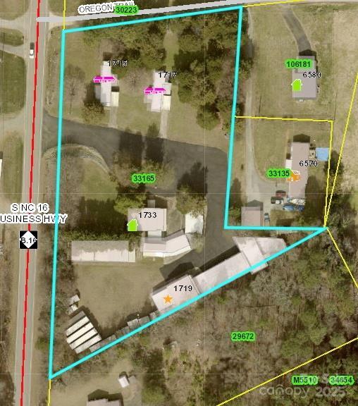 1733 S NC-16 Business Hwy, Stanley, NC 28164 - aerial map of property and surrounding area with property parcel outlined