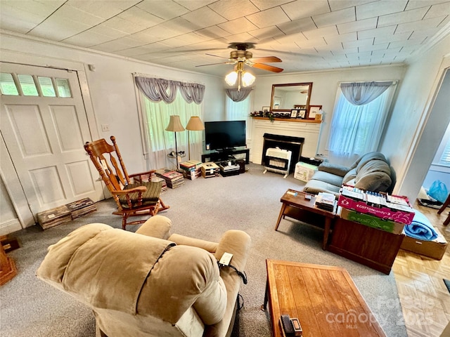 1733 S NC-16 Business Hwy, Stanley, NC 28164 - carpeted living room featuring crown molding, ceiling fan, and a fireplace