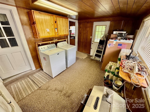 1733 S NC-16 Business Hwy, Stanley, NC 28164 - washroom featuring washer and clothes dryer, cabinet space, wooden ceiling, wooden walls, and light colored carpet