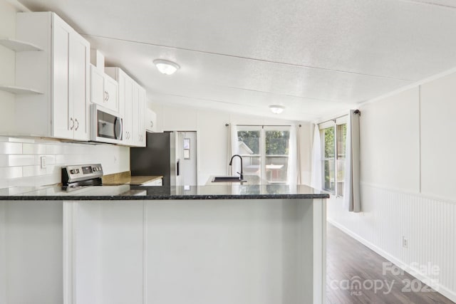 85 Star Flower Rd, Alexander, NC 28701 - kitchen with appliances with stainless steel finishes, open shelves, a peninsula, a sink, and dark wood-style floors
