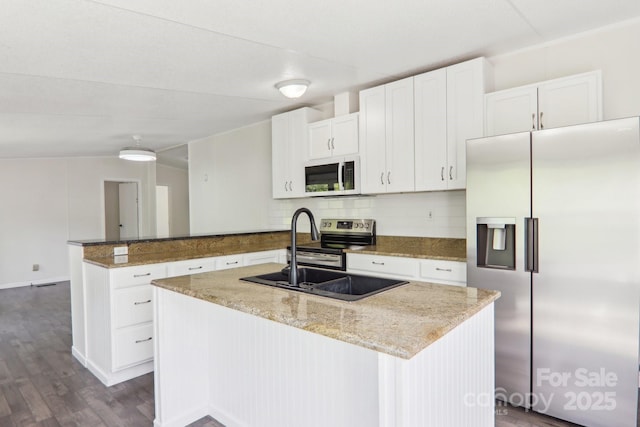 85 Star Flower Rd, Alexander, NC 28701 - kitchen with appliances with stainless steel finishes, a peninsula, dark wood-style floors, a sink, and decorative backsplash