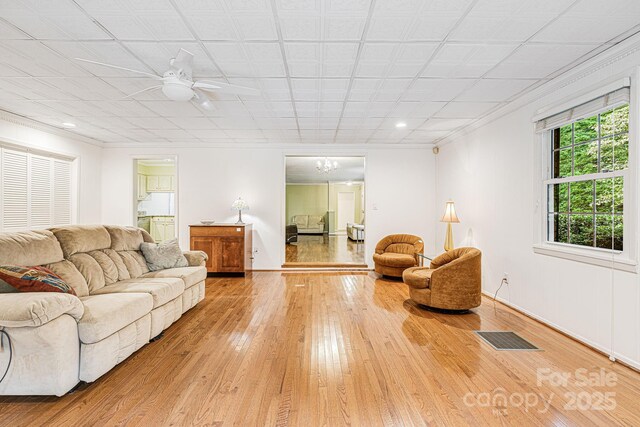 38 Westridge Dr, Asheville, NC 28803 - living room with light wood-style floors, a ceiling fan, ornamental molding, baseboards, and recessed lighting