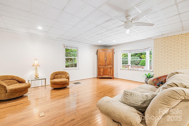 38 Westridge Dr, Asheville, NC 28803 - living area featuring ornamental molding, light wood-style floors, a ceiling fan, and recessed lighting