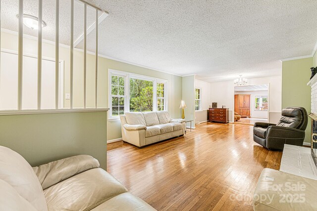 38 Westridge Dr, Asheville, NC 28803 - living room featuring wood finished floors, ornamental molding, a textured ceiling, a chandelier, and baseboards