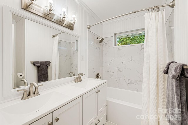 38 Westridge Dr, Asheville, NC 28803 - bathroom featuring shower / bath combination with curtain, crown molding, and double vanity
