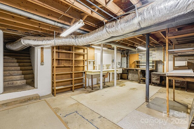 38 Westridge Dr, Asheville, NC 28803 - unfinished basement with electric panel and stairway